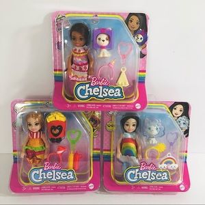 Barbie Chelsea Doll in Dress Up Costumes with Pets Bundle Set of 3 New
